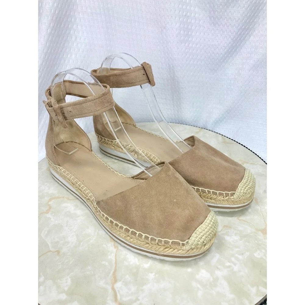 Nordstrom Signature Suede Ankle Strap Espadrille Flats Womens 9.5 Tan Boho Chic